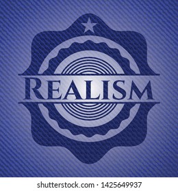 Realism badge with jean texture. Vector Illustration. Detailed.