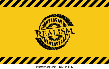 Realism black grunge emblem with yellow background. Vector Illustration. Detailed.