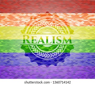 Realism emblem on mosaic background with the colors of the LGBT flag