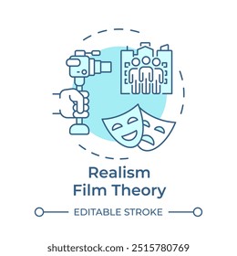 Realismus Filmtheorie mehrfarbige Konzept Ikone. Filmerzählung, Geschichtenerzählungstheorie. Runde Liniendarstellung. Abstrakte Idee. Grafikdesign. Benutzerfreundlich in Infografik, Präsentation