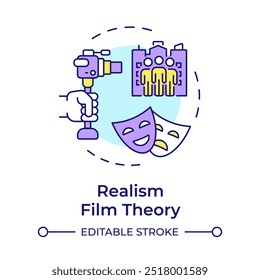 Realismus Filmtheorie mehrfarbige Konzept Ikone. Filmerzählung, Geschichtenerzählungstheorie. Runde Liniendarstellung. Abstrakte Idee. Grafikdesign. Benutzerfreundlich in Infografik, Präsentation