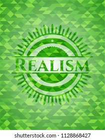 Realism green emblem. Mosaic background