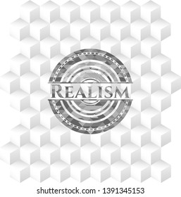 Realism grey emblem with cube white background