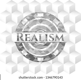 Realism grey emblem. Vintage with geometric cube white background
