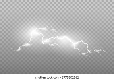 Realism of lightning and bright light effects isolated on a transparent background. Bright flashes and strong thunder.