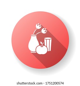 Realistisch rot flaches Design lange Schattensymbol Symbol. Kunstbewegung. Naturalismus-Stil. Vase mit Blumen und Obst. Stillleben, visuelle Kunst, Silhouette RGB Farbgrafik