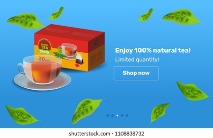 Realism style vector illustration design template for banner or advertising. Cup of tea