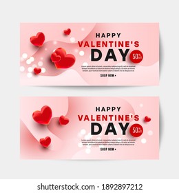 Realistc Valentine day vector design card set with hearts 50 percent discount text on pink background for website, invitation, postcard and sticker