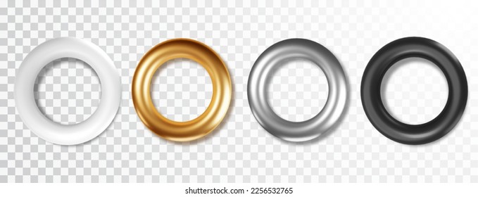 Realisti, schwarz, weiß, silber und golden torus formen gesetzt. Realistische 3D-Ringe für modernes Design