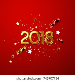 Realistic 2018 golden numbers and festive confetti, stars and spiral ribbons on red background. Vector holiday illustration. Happy New 2018 Year. New year ornament. Decoration element with tinsel