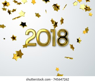 Realistic 2018 golden numbers on white background with falling shimmering stars. Vector holiday illustration. Happy New 2018 Year. Festive ornament of gold sparkling confetti particles