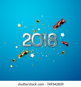 Realistic 2018 silver numbers and festive confetti, stars and streamer ribbons on blue background. Vector holiday illustration. Happy New 2018 Year. New year ornament. Decoration element with tinsel