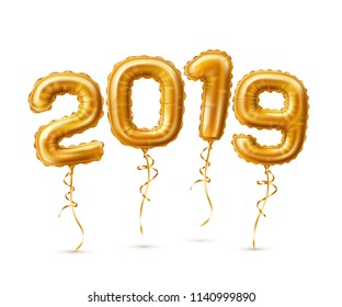 Realistic 2019 golden air balloons new year, merry christmas celebration decoration design elements. Traditional xmas party greeting symbols. Vecot illustration