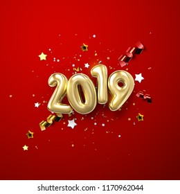 Realistic 2019 golden numbers and festive confetti, stars and spiral ribbons on red background. Vector holiday illustration. Happy New 2019 Year. New year ornament. Decoration element with tinsel