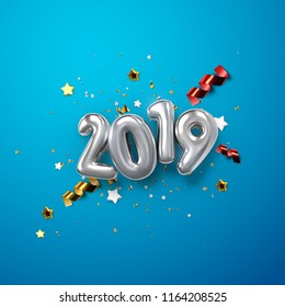 Realistic 2019 silver numbers and festive confetti, stars and streamer ribbons on blue background. Vector holiday illustration. Happy New 2019 Year. New year ornament. Decoration element with tinsel