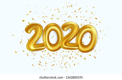 Realistic 2020 gold balloon fly on the air with confetti. Concept design for christmas and new year decorate element or banner, poster , greeting card in vector illustration