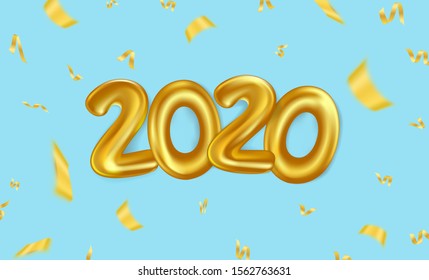 realistic 2020 golden balloon fly with confetti on blue background. concept for web decoration , poster or greeting card for christmas and new year 2020 in vector illustration