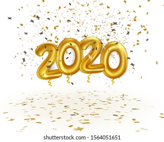 realistic 2020 golden balloon fly with gold confetti. concept for element design on christmas and new year in vector illustration