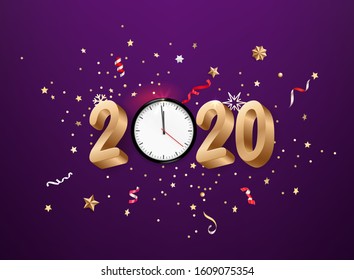 Realistic 2020 golden numbers and clock, festive confetti, stars and so on. Vector card template
template