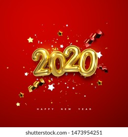 Realistic 2020 golden numbers and festive confetti, stars and spiral ribbons on red background. Vector holiday illustration. Happy New 2020 Year. New year ornament. Decoration element with tinsel