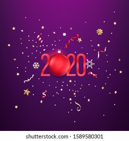 Realistic 2020 golden numbers, festive confetti, stars and so on. 
Vector card template