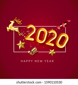 Realistic 2020 vector gold foil balloon numbers with golden flying deer , stars and swirl ribbon confetti on red background.  Christmas holiday illustration. Happy New 2020 Year. New year ornament.