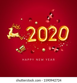 Realistic 2020 vector gold foil balloon numbers with golden flying deer , stars and swirl ribbon confetti on red background.  Christmas holiday illustration. Happy New 2020 Year. New year ornament.
