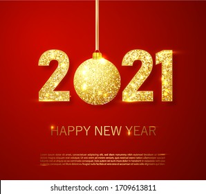 Realistic 2021 golden numbers and festive try toy on red background. Vector holiday illustration. Happy New 2021 Year. New year ornament. Decoration element with tinsel. Vector illustration EPS 10