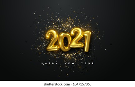 Realistic 2021 golden numbers and festive confetti on black background. Vector holiday illustration. Happy New 2021 Year. New year ornament. Decoration element with tinsel