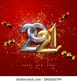 Realistic 2021 golden and silver numbers with festive confetti and ribbons on red background. Vector holiday illustration. Happy New 2021 Year. Chinese new year ornament.