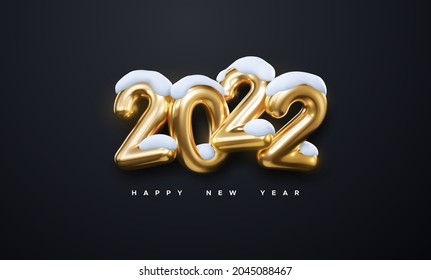 Realistic 2022 golden numbers with white snow caps on black background. Vector holiday illustration. Happy New 2022 Year. New year ornament. Decoration element for banner design