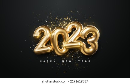 Realistic 2023 golden numbers and festive confetti on black background. Vector holiday illustration. Happy New 2023 Year. New year ornament. Decoration element with tinsel