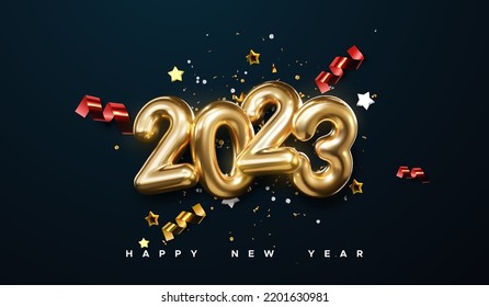 Realistic 2023 golden numbers with festive confetti, stars and spiral ribbons on black background. Vector holiday illustration. Happy New 2023 Year. New year ornament. Decoration element with tinsel - Shutterstock ID 2201630981