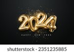 Realistic 2024 golden numbers and festive confetti on black background. Vector holiday illustration. Happy New 2024 Year. New year ornament. Decoration element with tinsel