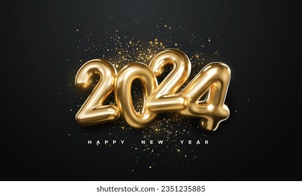 Realistic 2024 golden numbers and festive confetti on black background. Vector holiday illustration. Happy New 2024 Year. New year ornament. Decoration element with tinsel