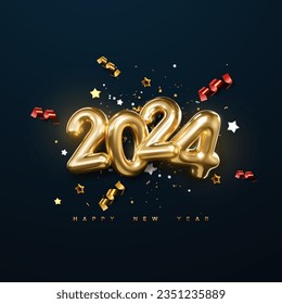 Realistic 2024 golden numbers with festive confetti, stars and spiral ribbons on black background. Vector holiday illustration. Happy New 2024 Year. New year ornament. Decoration element with tinsel