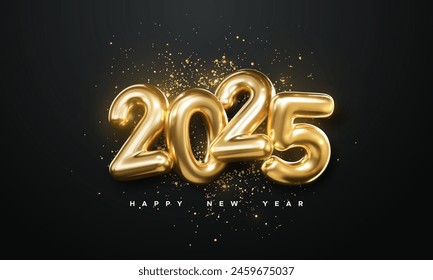 Realistic 2025 golden numbers and festive confetti on black background. Vector holiday illustration. Happy New 2025 Year. New year ornament. Decoration element with tinsel