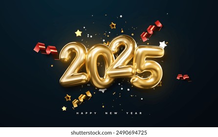 Realistic 2025 golden numbers with festive confetti, stars and spiral ribbons on black background. Vector holiday illustration. Happy New 2025 Year. New year ornament. Decoration element with tinsel