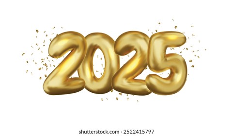 Realistic 2025 golden numbers and festive confetti on white background. Vector holiday illustration. Happy New 2025 Year. New year ornament.