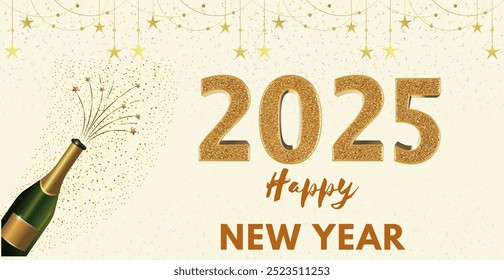 Realistic 2025 golden numbers and festive confetti on a rustling golden color background. Vector holiday illustration. Happy New 2025 Year. New year ornament. Decoration element with tinsel