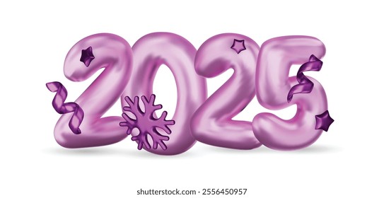 Realistic 2025 purple numbers and festive confetti on black background. Vector holiday illustration. Happy New 2025 Year. New year ornament.