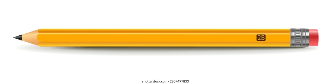 Realistic 2B pencil with eraser isolated on white background. Classic stationery object for school, office, writing, drawing and educational concepts.