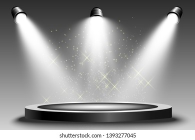 
Realistic 3 D podium pedestal or platform with spotlights.