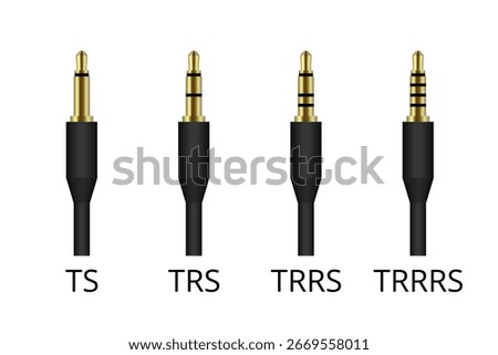 Realistic 3.5mm audio jack plug showing the difference between ts, trs, trrs and trrrs connectors isolating tip, ring and sleeve configuration over white background