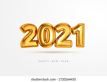 Realistic  3D 2021 gold  foil balloon flying in the air isolated on white background. Concept design for christmas and new year decorate element or banner, poster, greeting card. Vector illustration