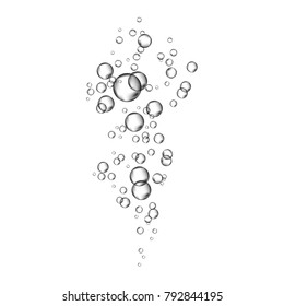 Realistic 3d air bubbles stream on white  background. Oxygen  in water, sea, aquarium. Soda pop.  Fizzy drink. Undersea vector texture.