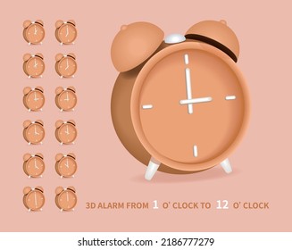 Realistic 3D Alarm Clock icon collection. From 1 o'clock to 12 o'clock