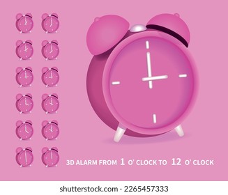 Realistic 3D Alarm Clock icon collection. From 1 o'clock to 12 o'clock