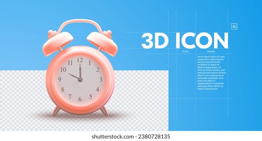 Realistic 3D alarm clock on blue background. Morning alert, time countdown, last chance sale or deadline concept. Vector illustration