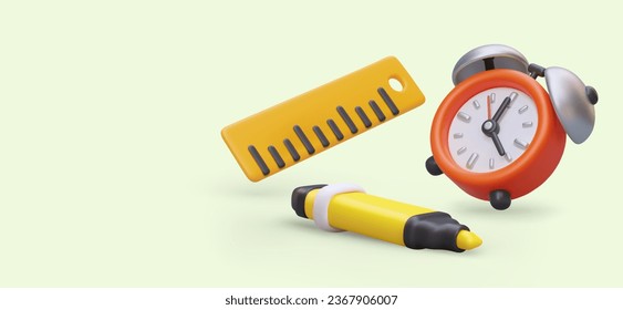 Reloj de alarma 3d realista, marcador amarillo y regla de medida. Elementos para dibujar y medir el tiempo. Ilustración vectorial colorida con lugar para texto y fondo amarillo